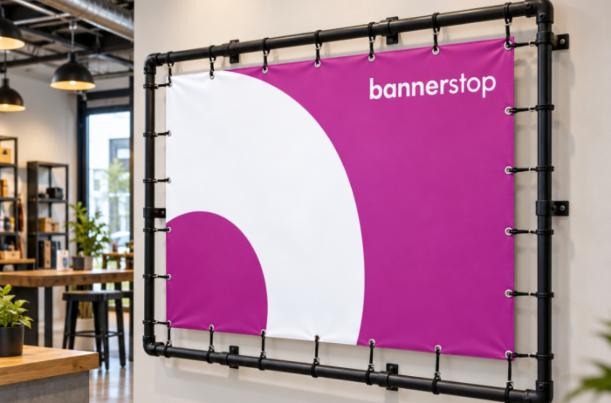 Cadre mural noir pour banderole publicitaire en intérieur